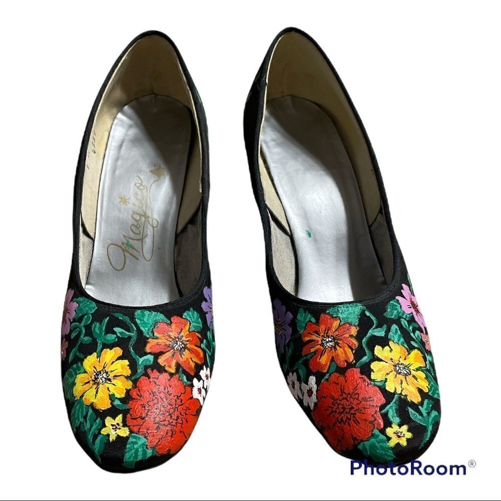 Vintage  80’s Floral Hand Painted Grosgrain fabric Black Heeled Pumps size 7 - Picture 6 of 12